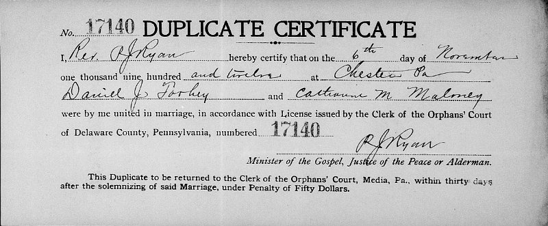 Daniel J. Toohey, Jr. and Catherine Maloney - Confirmation  of Marriage.jpg - 1912 Daniel J Toohey and Catherine M Maloney wed.